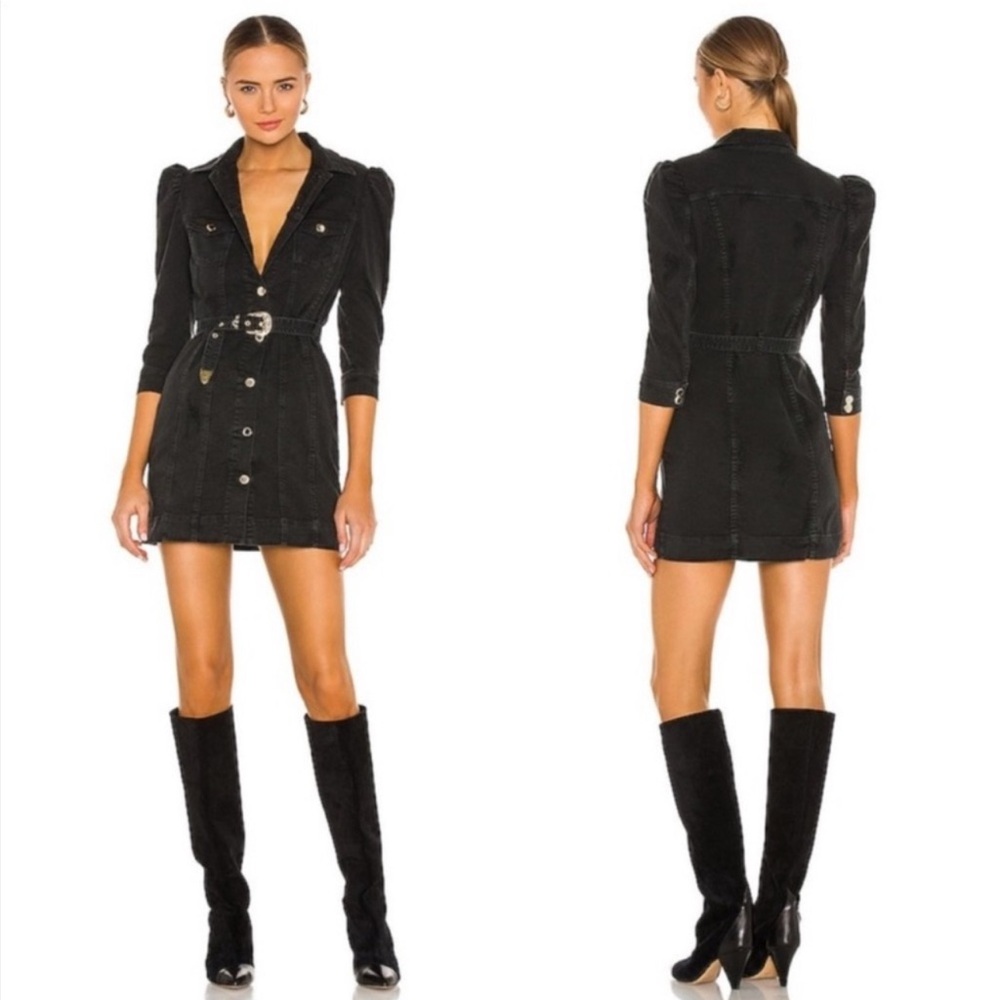 Retrofete Black Distressed Denim Button Front Mini Dress